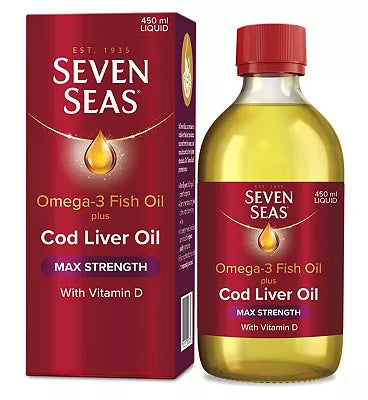 Bottle of Seven Seas Cod Liver Oil Liquid with Omega-3 from CuredPharmacy, 450ml, featuring the label and product packaging.