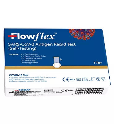 Flowflex Antigen Rapid Covid Lateral Flow Test kit by Cured Pharmacy, showing the packaging and test components.