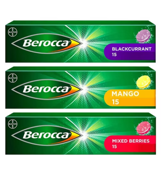 Assorted Berocca mixed flavors bundle by CuredPharmacy showing colorful vitamin tablets in a package.
