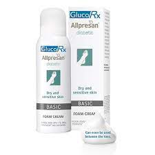 Allpresan Diabetic Foam Cream Basic 300ml bottle, soothing skincare product for diabetic skin care, with foam texture and pump dispenser.