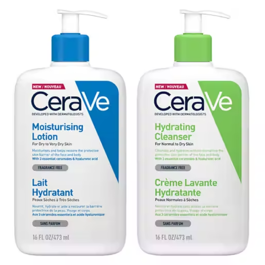 CeraVe Family Sized Cleanse & Care Duo featuring skincare bottles with labels, suitable for gentle facial and body cleansing.