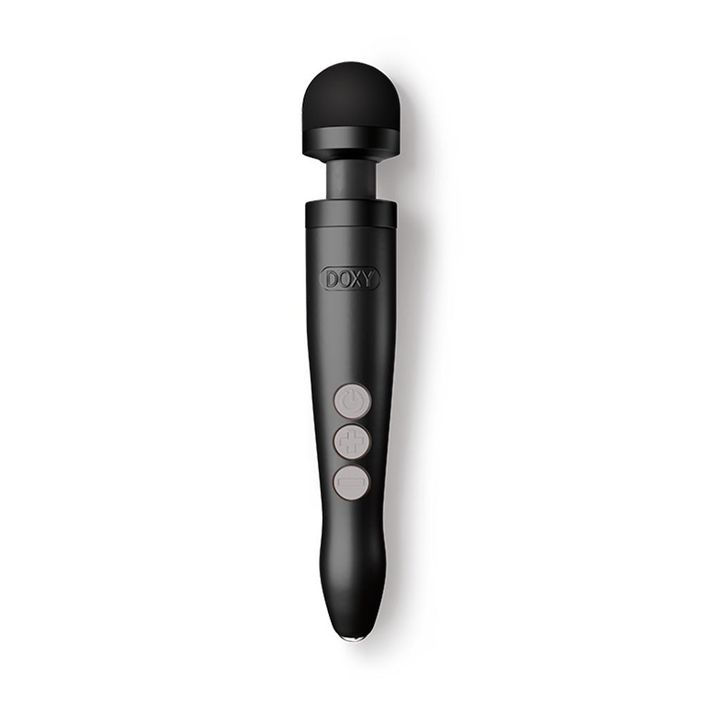 Matte black Doxy Die Cast 3 Rechargeable vibrator with sleek design and textured surface, shown in a close-up image.