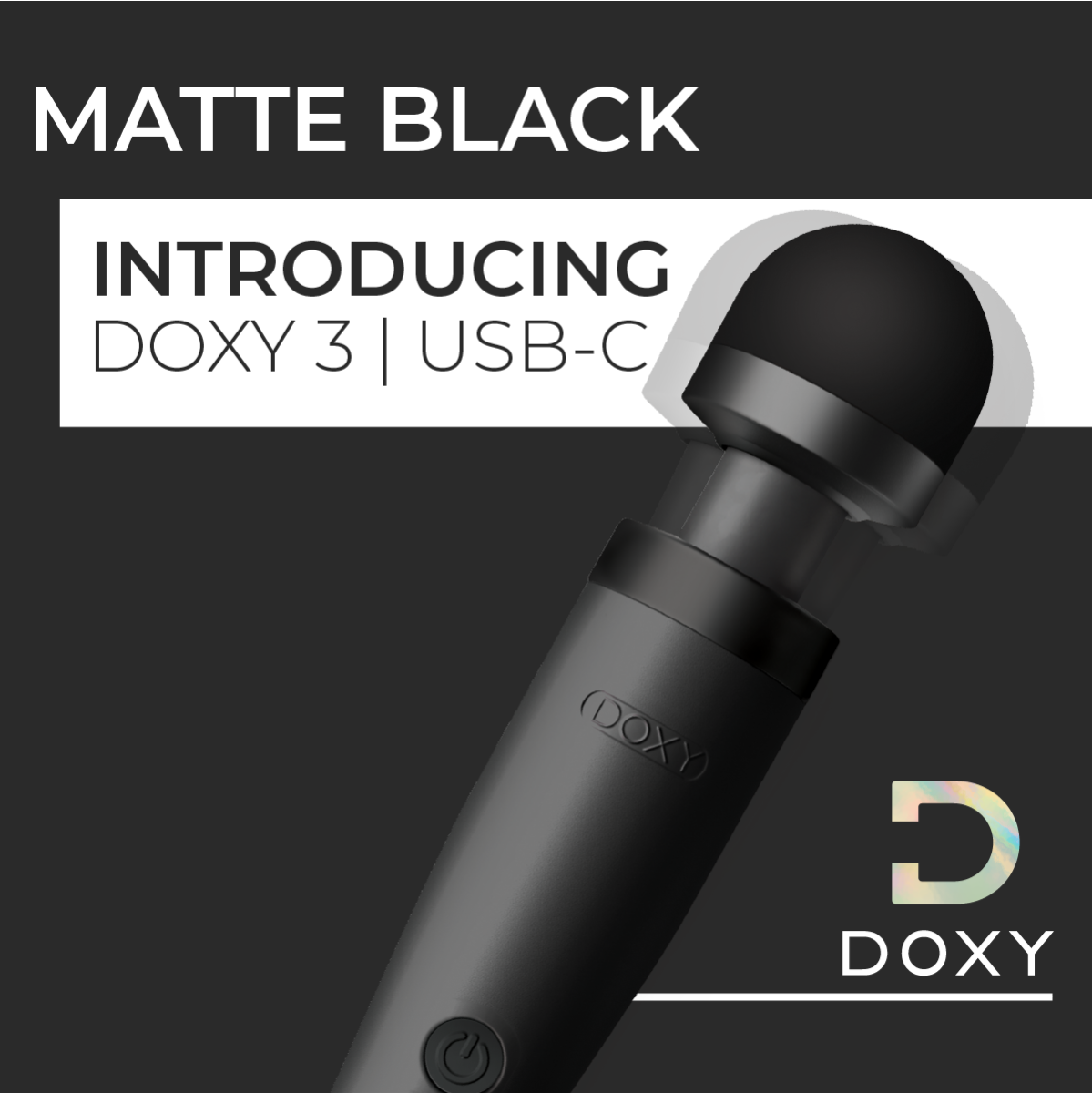 Doxy 3 USB-C vibrator in matte black, sleek design with USB-C charging port, ergonomic shape, and textured surface.