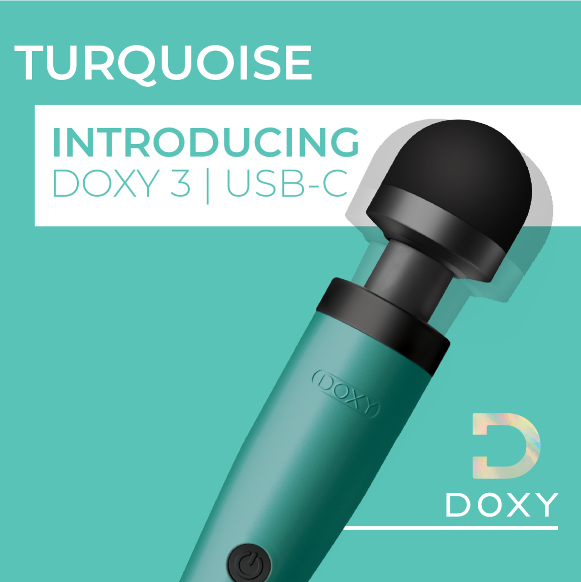 Doxy 3 USB-C vibrator in turquoise with smooth, sleek design and control buttons visible in the image.