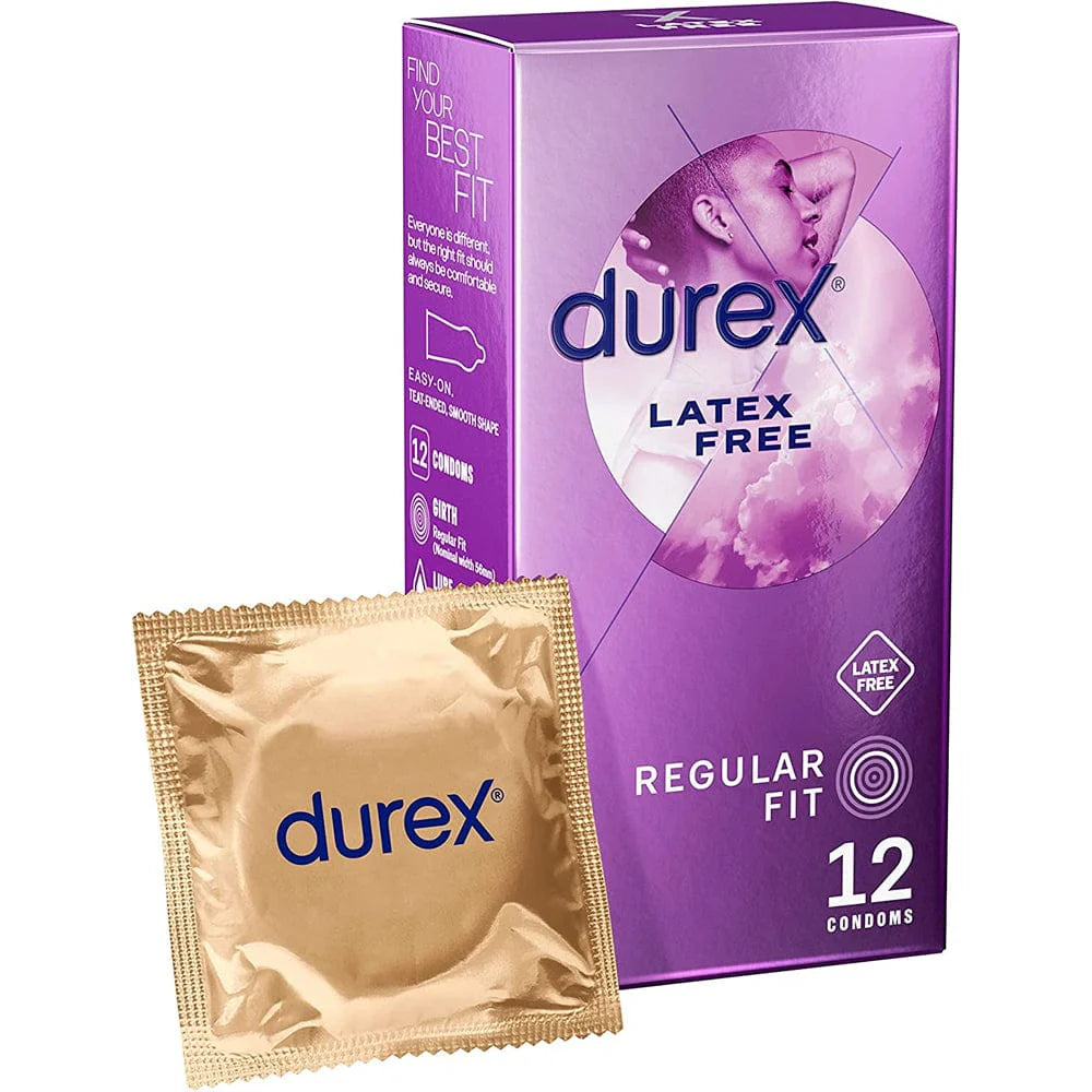 Durex Latex Free condom pack with 12 condoms, featuring smooth, untextured design for sensitive protection.