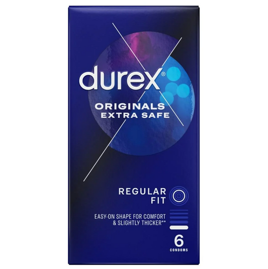 Durex Extra Safe condom pack containing six latex condoms with secure fit for added safety and protection.