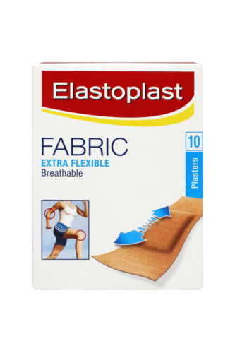 Cured Pharmacy Elastoplast Fabric Extra Flexible Plasters with 10 strips, featuring breathable fabric and flexible adhesive for wound care.
