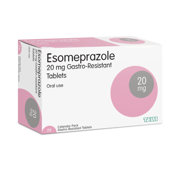 Blister pack of Cured Pharmacy Esomeprazole 20mg capsules, 28-count, with labeled packaging showing the brand and dosage.
