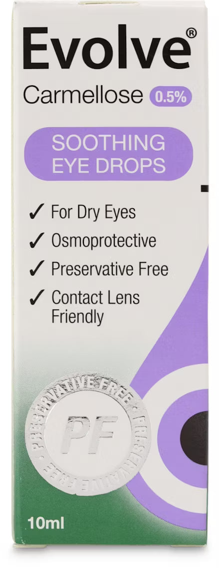 Evolve Carmellose soothing eye drops 0.5% in 10ml bottle, designed to lubricate and refresh dry or irritated eyes.