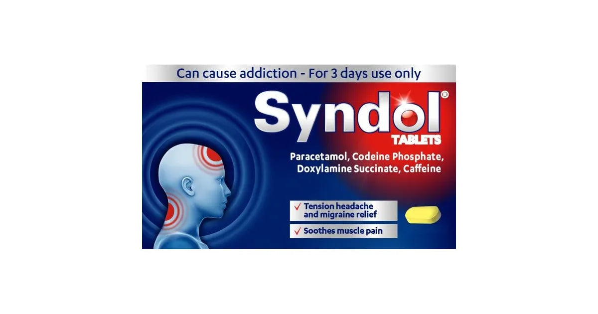 Syndol pain relief tablets in a blister pack, 10 tablets, for headache and muscular pain relief, shown in close-up image.