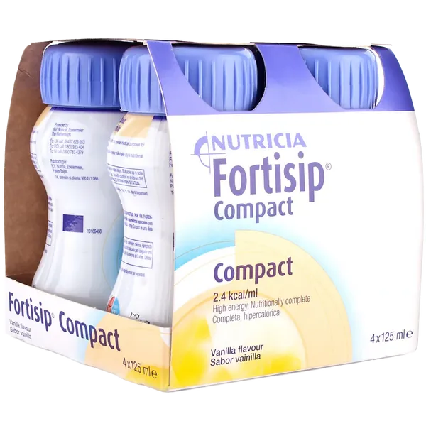 Nutricia Fortisip Compact Protein Vanilla 4x125ml nutritional supplement bottles, creamy vanilla flavor, ready-to-drink meal replacement