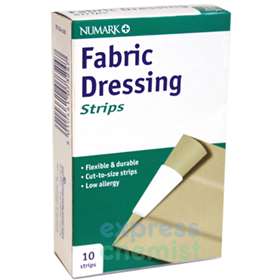 Numark Fabric Dressing Strips, pack of 10, soft medical fabric strips for wound dressing and skin protection.