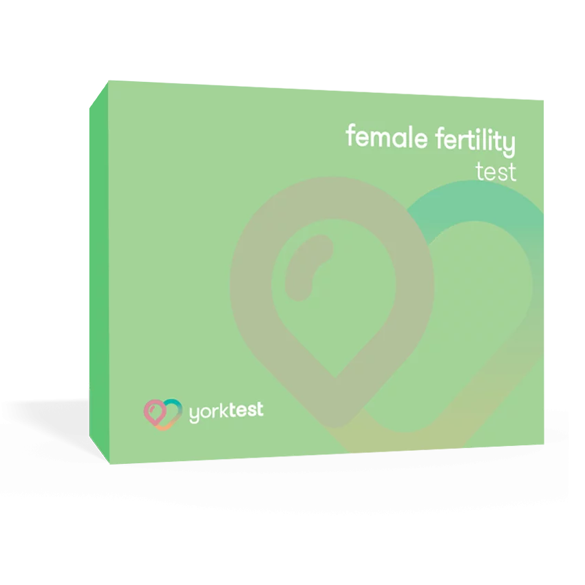 Female fertility test kit by YorkTest, showing the testing device and instructions for assessing fertility levels.