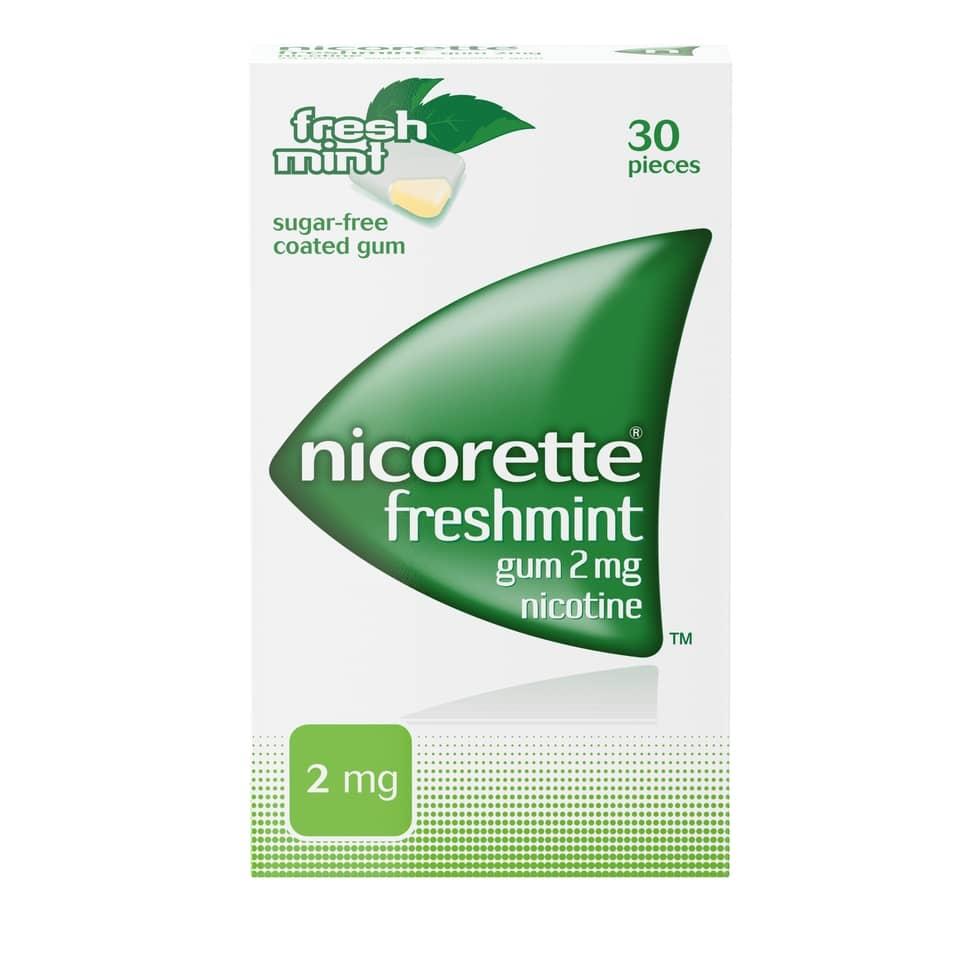 Freshmint Nicorette Gum 2mg by Cured Pharmacy, showing a pack of Nicorette chewing gum in fresh mint flavor.