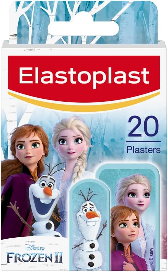 Pack of 20 Elastoplast Kids Frozen plasters by Cured Pharmacy with cartoon Frozen characters for children's minor wounds.