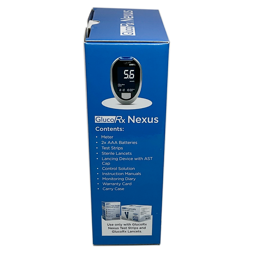 GlucoRx Nexus Blood Glucose Monitoring System with display screen and test strips for accurate blood sugar readings