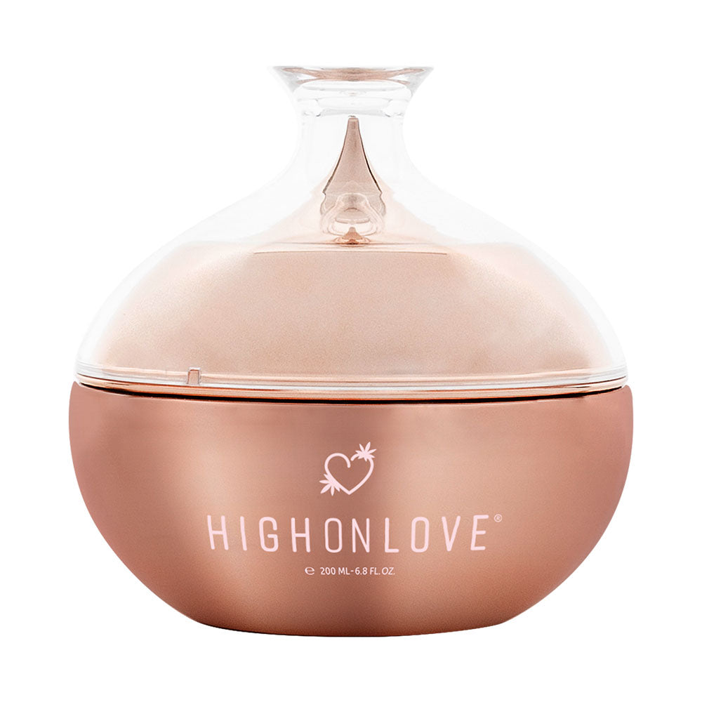 High On Love cannabis body butter jar with green cannabis leaf label and creamy texture, skincare product for nourishing skin.
