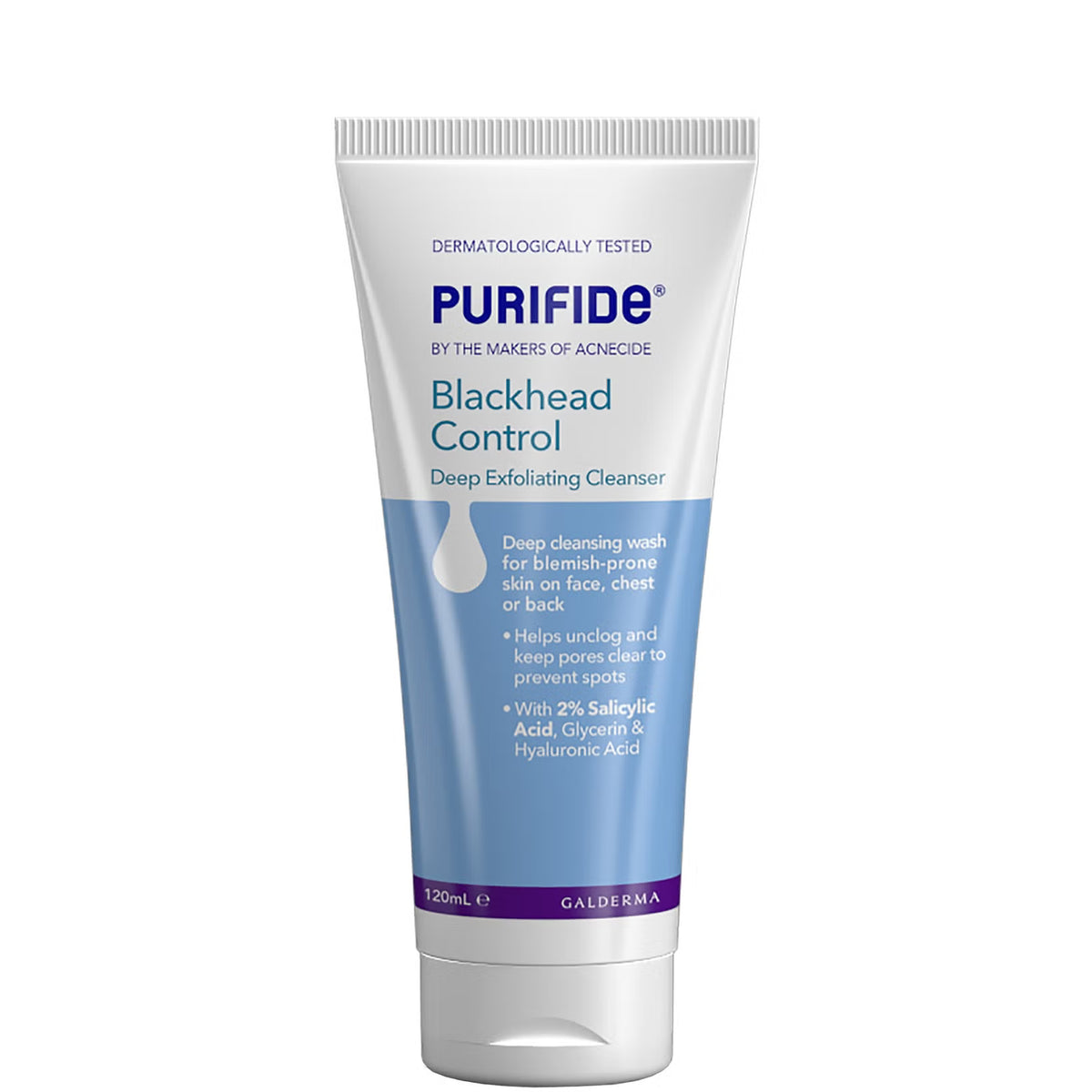 Cured Pharmacy Acnecide Purifide pH Control Face Wash in a 150ml bottle, showcasing the cleanser with a clear, white liquid inside.