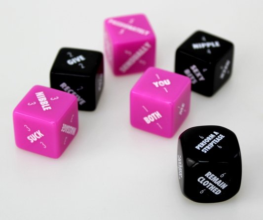 Six colorful game dice from Creative Conceptions LTD's Sexy 6 Dice Foreplay Edition, designed for adult intimate fun.