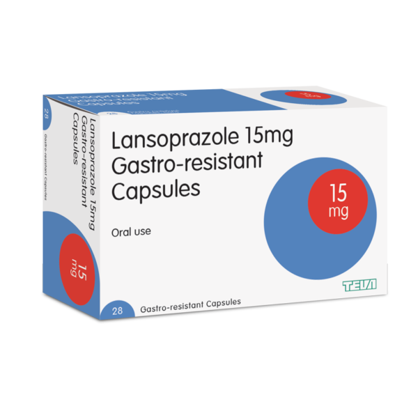 Teva Lansoprazole capsules in 15mg and 30mg, shown in blister pack with white capsules on a white background.