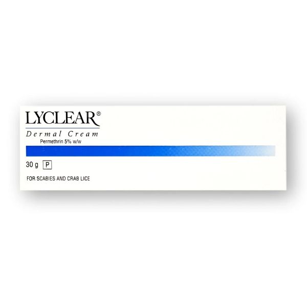 Lyclear Dermal Cream Permethrin 5% in 30g tube, showing the cream's packaging and tube for lice and scabies treatment.