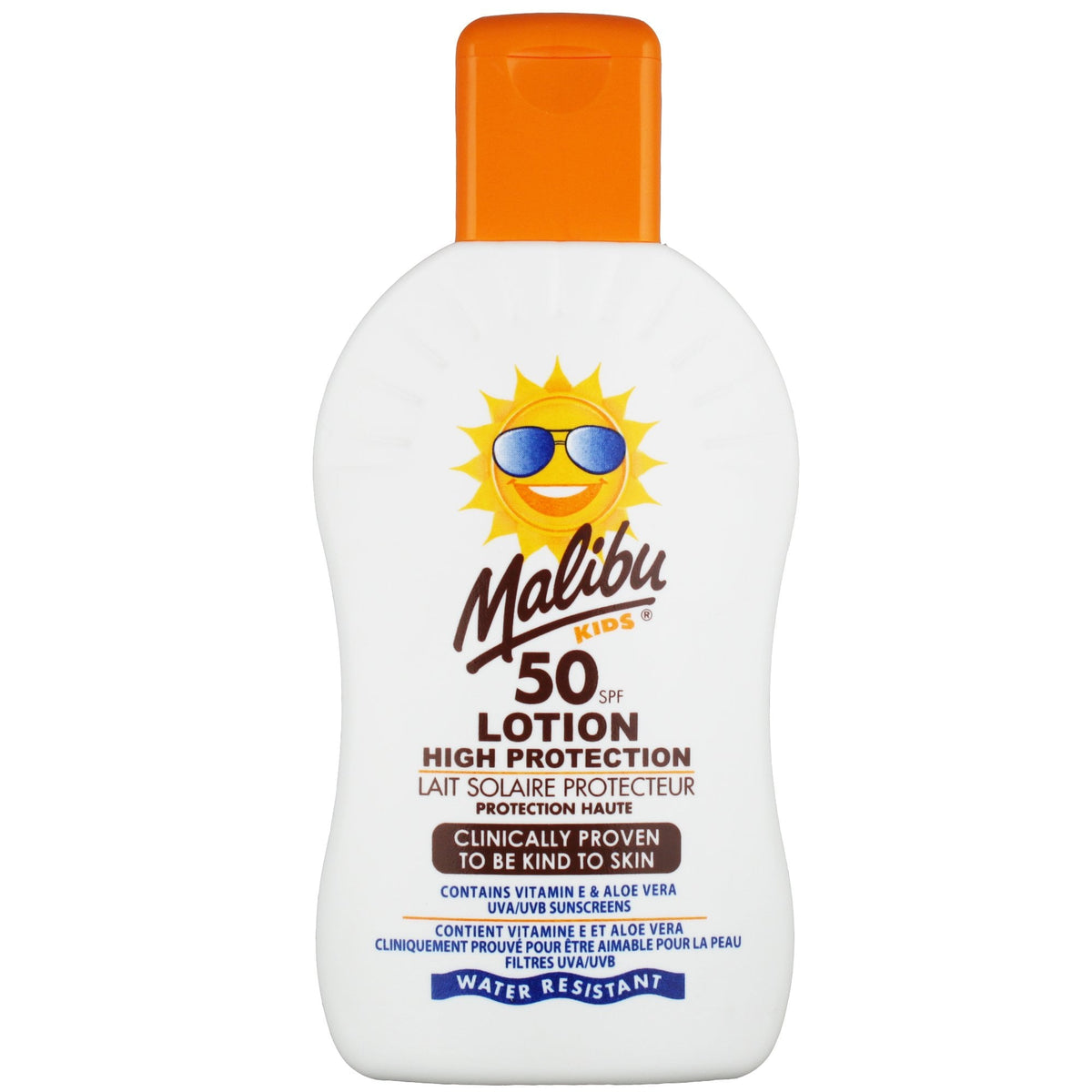 Malibu Kids SPF50 lotion in 200ml bottle with bright packaging and playful design, suitable for children's sun protection.