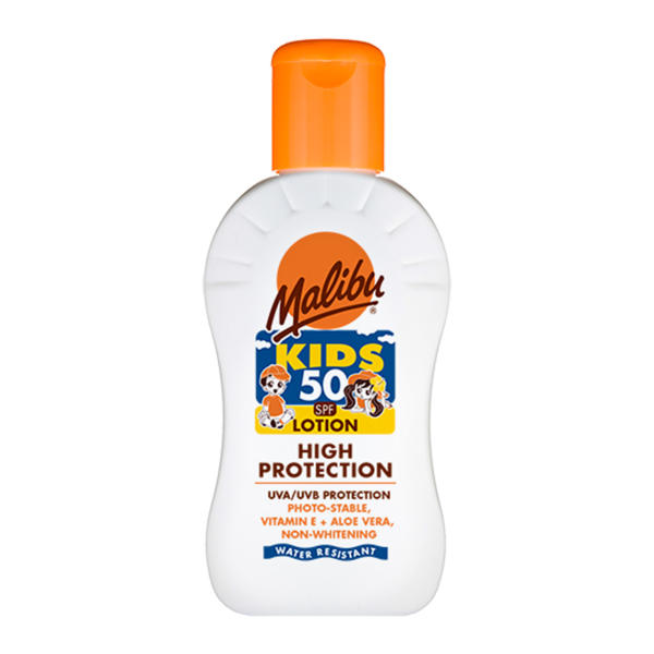 Malibu Kids Lotion SPF 50 in a 100ml bottle, gentle sun protection for children's skin, from My Store.