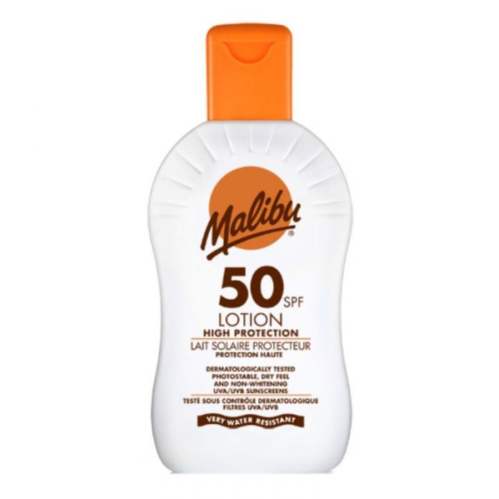 Malibu Protective Lotion SPF50 in 200ml bottle, moisturizing sunscreen with broad-spectrum sun protection from My Store.