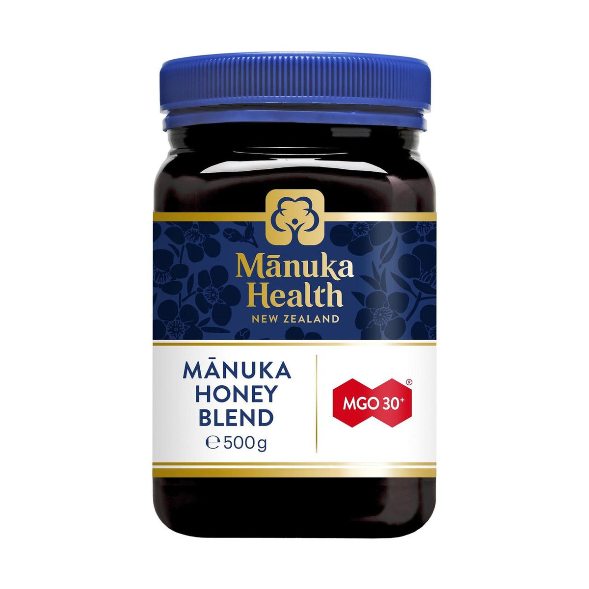 Cured Pharmacy Manuka Honey Blend MGO 30+ in a 500g jar, showcasing the smooth, golden honey with a natural, thick consistency.
