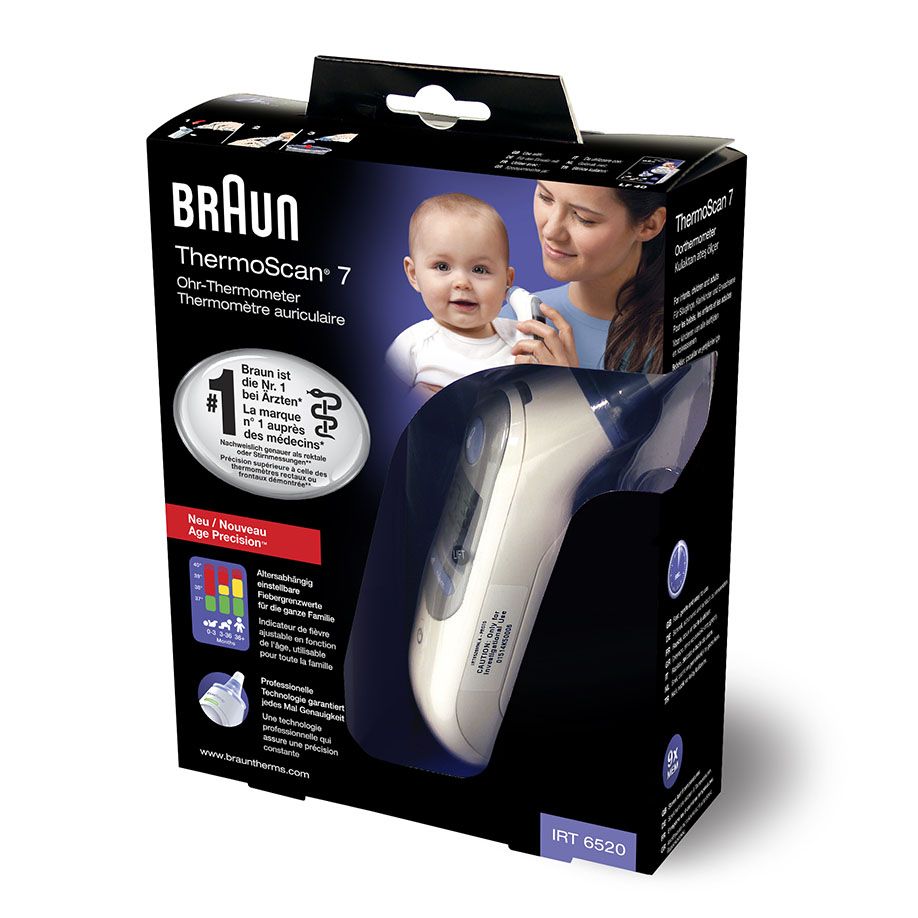 Braun ThermoScan 7 IRT6520 ear thermometer with Age Precision feature and digital display showing temperature reading.