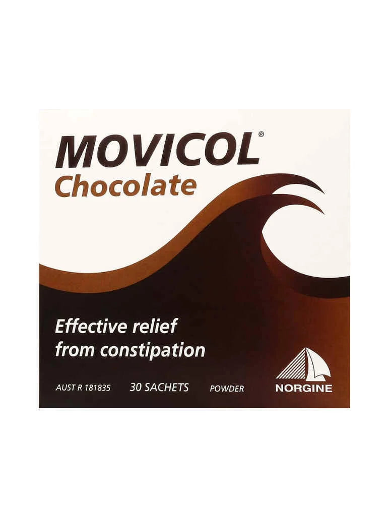 Pack of 30 Movicol 13.7g sachets in chocolate flavor by Cured Pharmacy, showing individual sachets with chocolate branding.