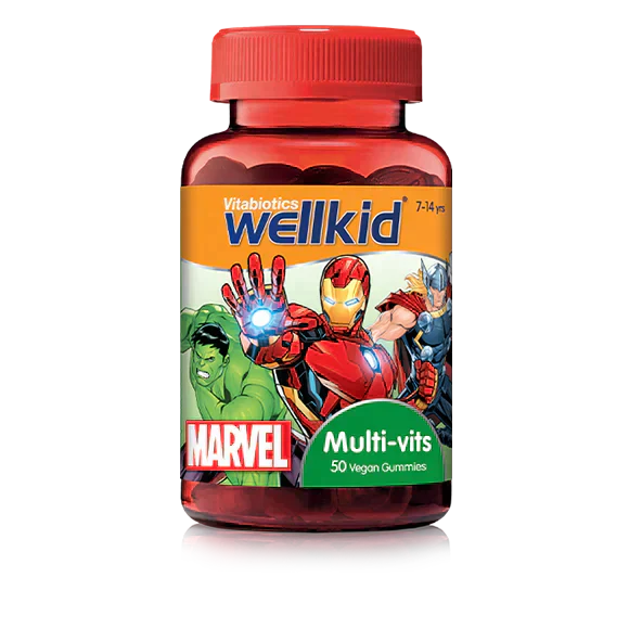 Multivitamin supplement for kids, Wellkid Marvel Multi-Vitamin by My Store, featuring colorful packaging with cartoon superhero characters.