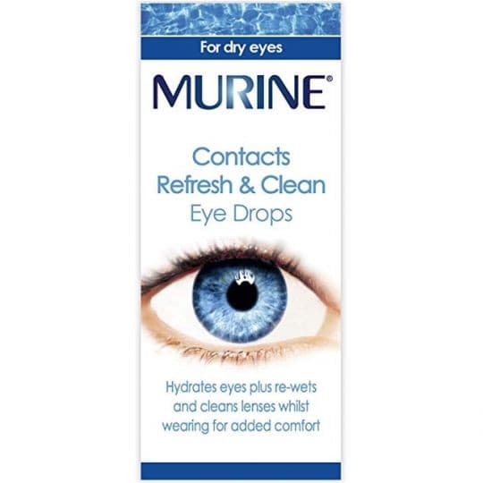 Murine Contacts Refresh & Clean Eye Drops 15ml bottle showing clear liquid and eye drop nozzle for contact lens comfort and eye relief.