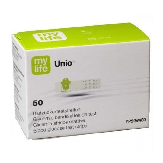 Mylife Unio Blood Glucose Test Strips for diabetes management, 50-pack, by Cured Pharmacy, shown in blister packaging.