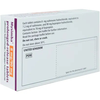 Cured Pharmacy Mysimba 8mg tablets, front and back view showing the medication packaging and tablet details.
