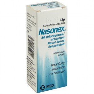 Nasonex Mometasone nasal spray bottle with 140 doses, used for allergy relief and nasal inflammation treatment.