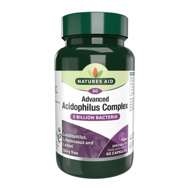 Natures Aid Advanced Acidophilus Complex 5 Billion probiotic capsules in a white bottle with label, designed for digestive health.