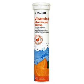Numark Eff/cent Vitamin C 20 effervescent tablets, 1000mg each, in a blister pack, showing the colorful tablets and packaging.