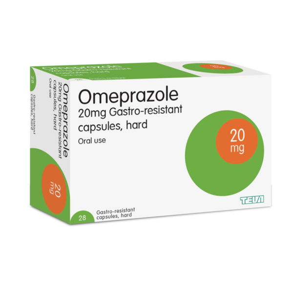 Cured Pharmacy Omeprazole 20mg capsules, Teva brand, shown in a clear bottle with labeled packaging.