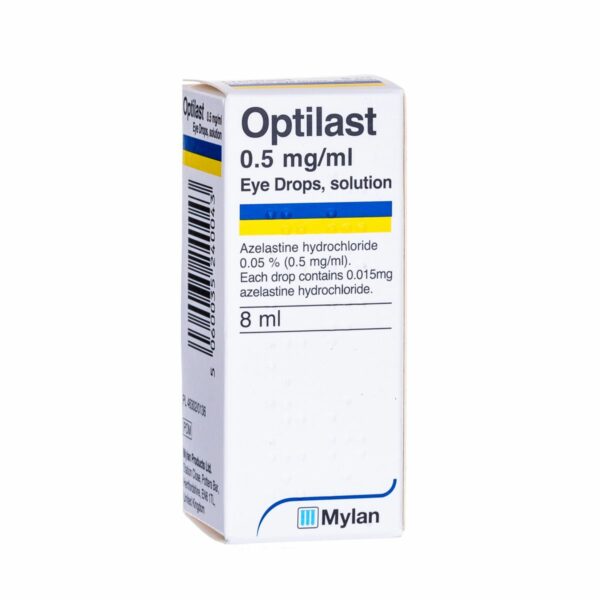 Optilast Eye Drops in 8ml bottle by Cured Pharmacy, clear eye drops for soothing and moisturizing eyes.