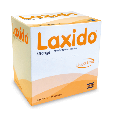 Laxido Orange Powder Sachets, 30-pack, showing the sealed box with individual orange-flavored powder sachets inside.