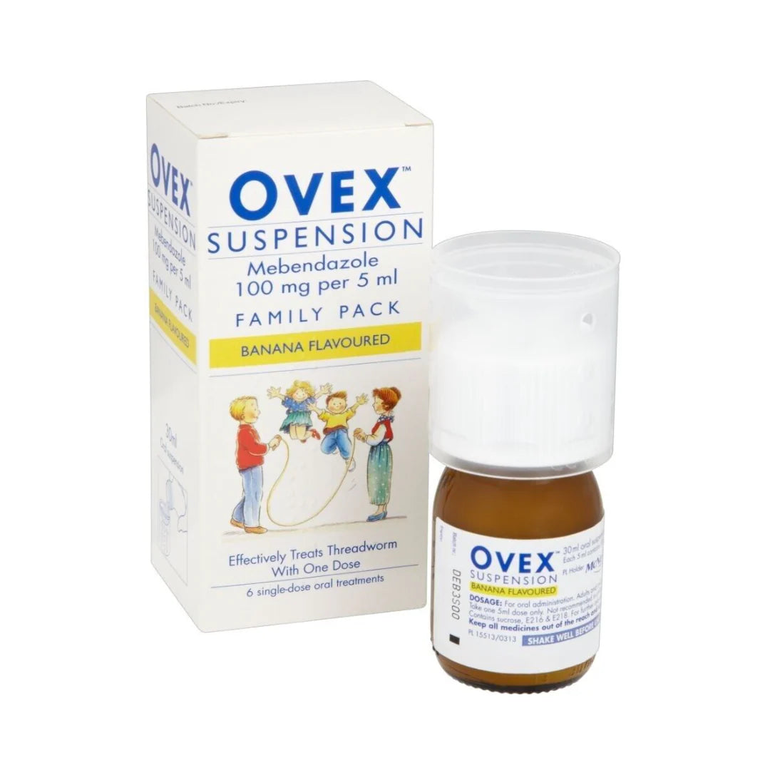 Ovex Suspension Banana Flavour in 30ml bottle, showing the clear liquid and label with banana imagery and product details.