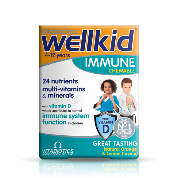 Wellkid Immune-154 Tablets by My Store, front view of the bottle with label and tablets inside.
