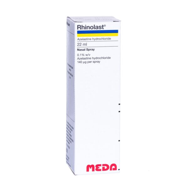 Cured Pharmacy Rhinolast 0.1% nasal spray bottle, 22ml, with a clear label and nozzle for nasal application.
