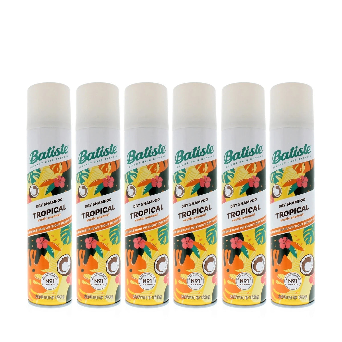 Batiste Dry Shampoo Tropical 200ml spray bottle with tropical scent and lightweight formula, ideal for refreshing hair.