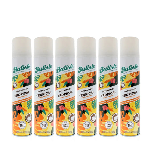 Batiste Dry Shampoo Tropical 200ml spray bottle with tropical scent and lightweight formula, ideal for refreshing hair.
