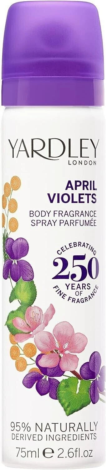 Yardley April Violets Body Spray 75ml bottle with floral violet design, showcasing the scented body spray for women.