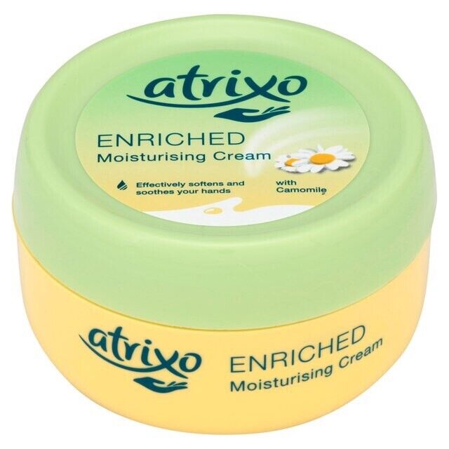 Atrixo enriched moisturizing hand cream with chamomile in a 200ml tube, showing the creamy formula and chamomile ingredients.