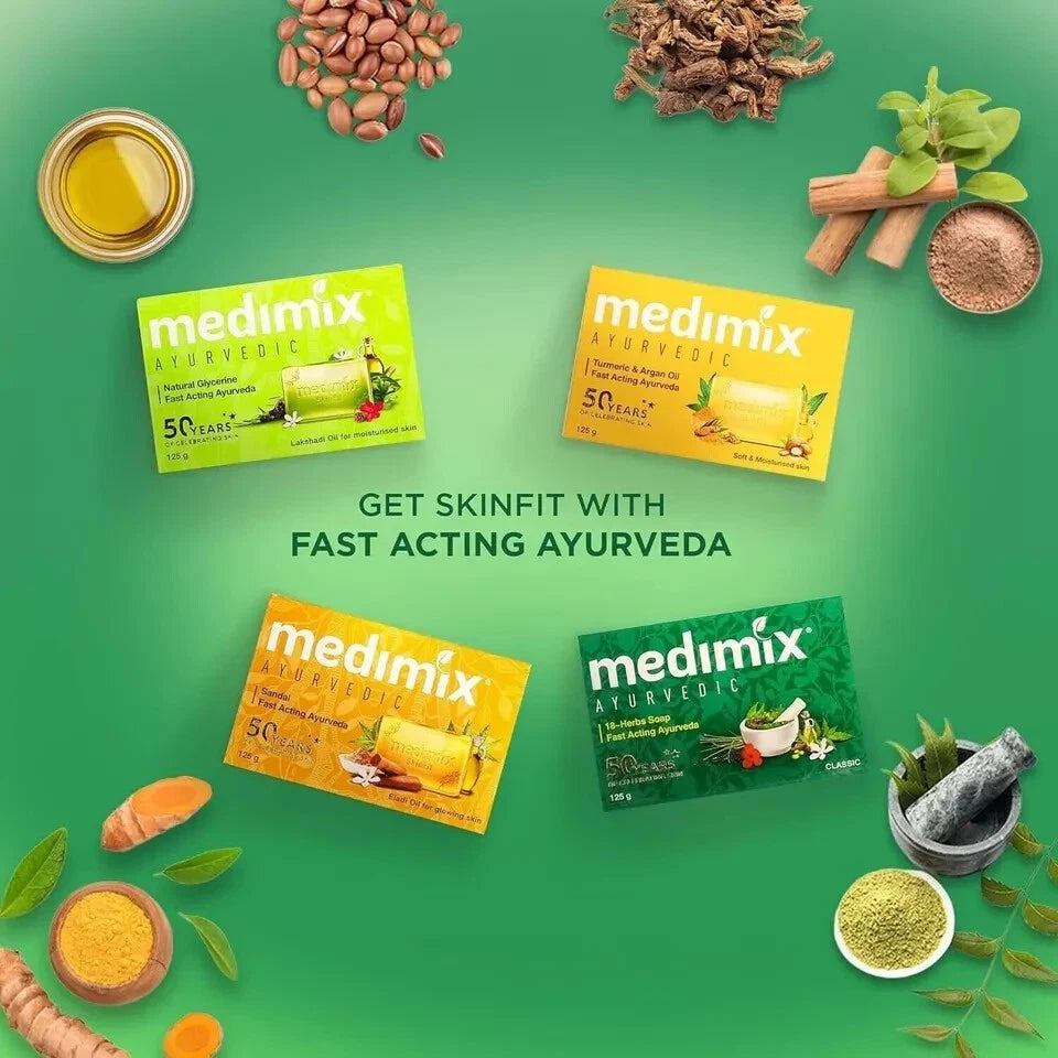 Cured Pharmacy Medimix Ayurvedic Herbal Classic 18 Herbs Soap pack of 6, 75g each, featuring natural herbal ingredients in a soap bar.