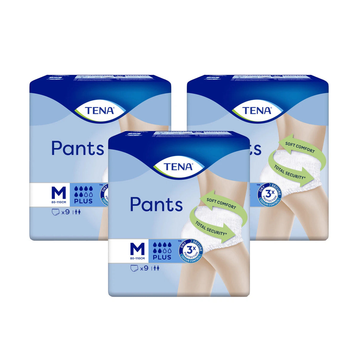 CuredPharmacy TENA Incontinence Pants Plus medium size pack of 9, showing folded absorbent incontinence underwear with blue waistband.